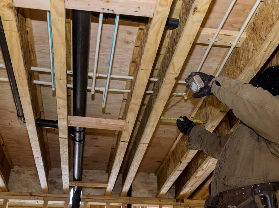 PVC wastewater system rough plumbing drainage pipe and fitting complete under-construction